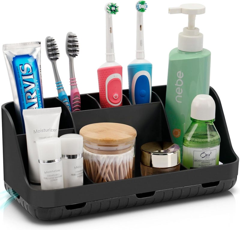 GFWARE Black Toothbrush Holder - 7 Slots Bathroom Organizer Countertop with Drainage Matte Black Electric Toothbrush and Toothpaste Holder for Bathroom Accessories Organization Vanity Sink Storage - Image 1